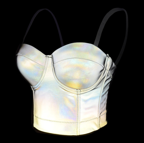 Reflective Metallic Bustier Crop Top Punk Club Party Women's Corset Top Bra - FANCYMAKE