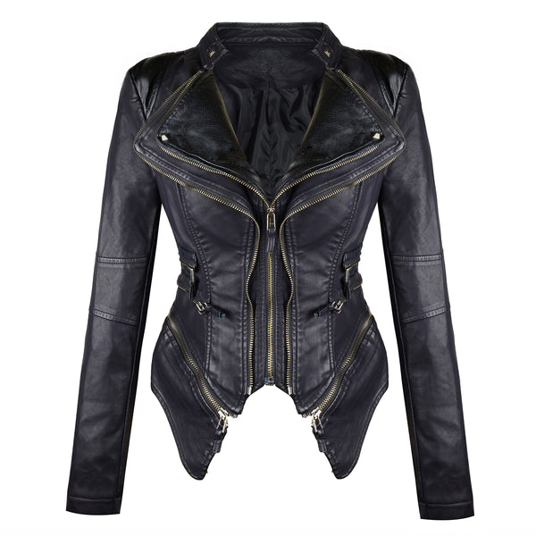 Studded Double Lapels Faux Leather Biker Jacket - FANCYMAKE