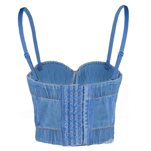 Women Criss Cross Rhinestone Denim Bustier Crop Top Corset Bra Blue - FANCYMAKE