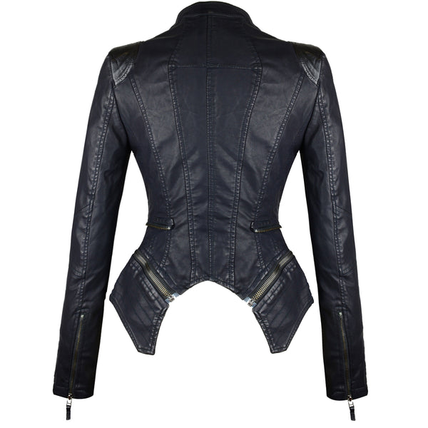 Studded Double Lapels Faux Leather Biker Jacket - FANCYMAKE