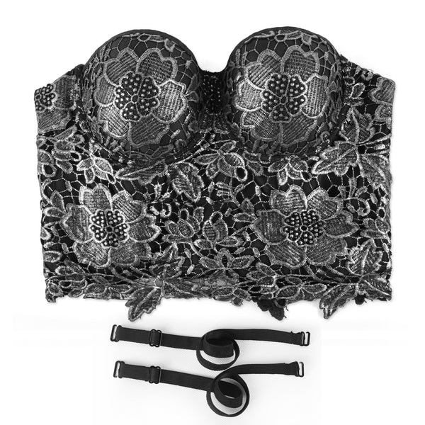 Women's Floral Lace Bustier Crop Top Gothic Corset Bra Tops Gold and Black - FANCYMAKE