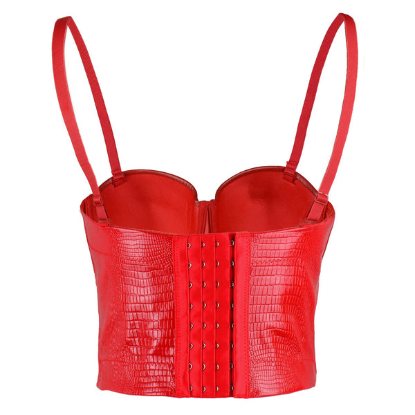 Snake Faux Leather Bustier Crop Top Women's Sexy Corset Top Bra Red