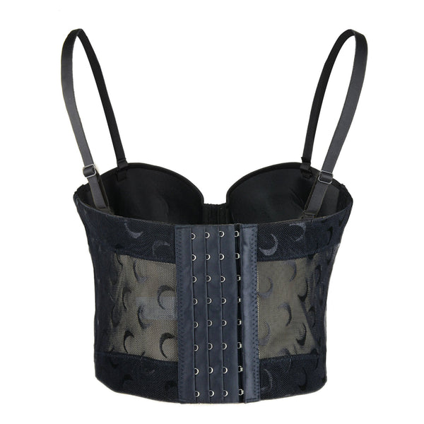 Women's Mesh Crescent Moon Print Bustier Crop Top Sexy Corset Top Bra Black 34/75 - FANCYMAKE