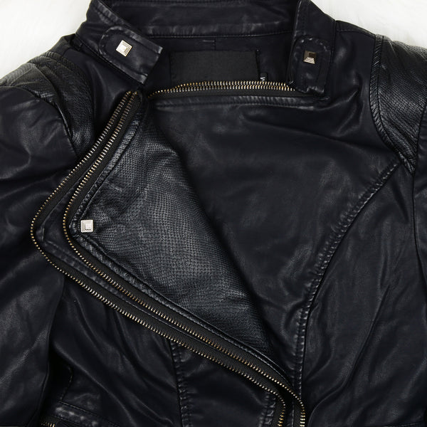Studded Double Lapels Faux Leather Biker Jacket - FANCYMAKE