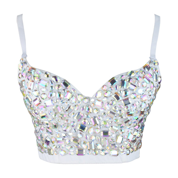 Women's Gemstone Bustier Crop Top Sexy Punk Rhinestone Corset Top Bra White - FANCYMAKE