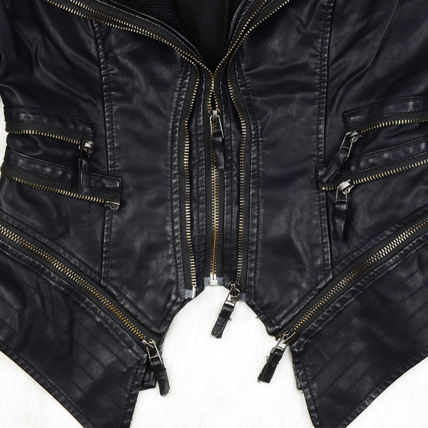 Studded Double Lapels Faux Leather Biker Jacket - FANCYMAKE
