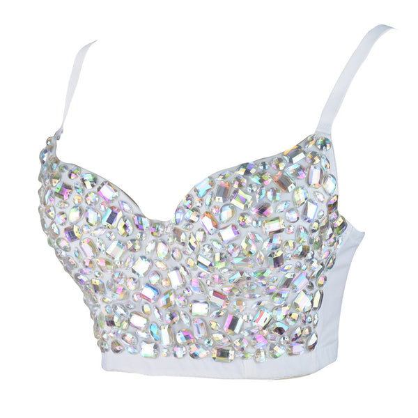Women's Gemstone Bustier Crop Top Sexy Punk Rhinestone Corset Top Bra White - FANCYMAKE