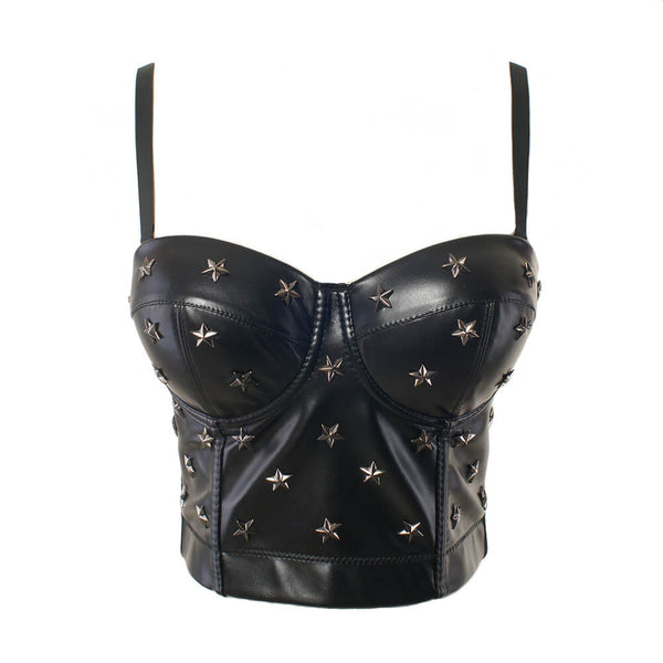Black PU leather Rivet Women's Bustier Caged Top - FANCYMAKE