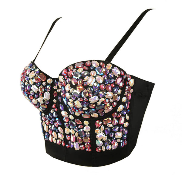 Colourful Rhinestone Bead Pearls Bustier Corset Crop Top - FANCYMAKE
