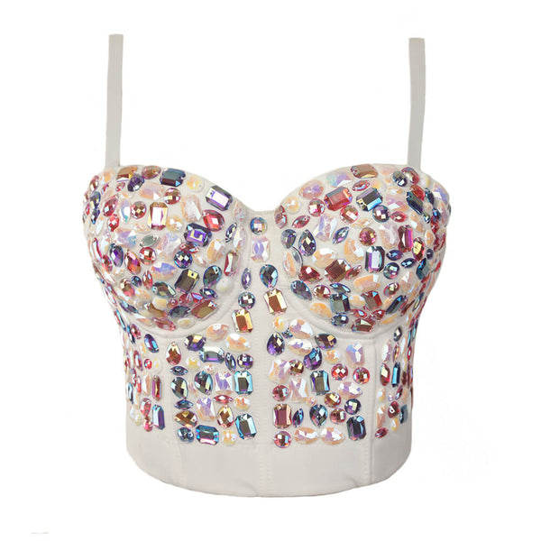 Colourful Rhinestone Bead Pearls Bustier Corset Crop Top - FANCYMAKE