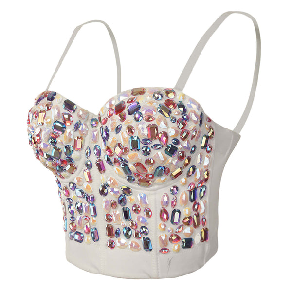 Colourful Rhinestone Bead Pearls Bustier Corset Crop Top - FANCYMAKE