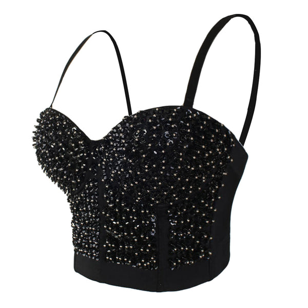 Diamond Pearls Sexy Black Bustier Crop Top - FANCYMAKE