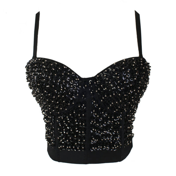 Diamond Pearls Sexy Black Bustier Crop Top - FANCYMAKE