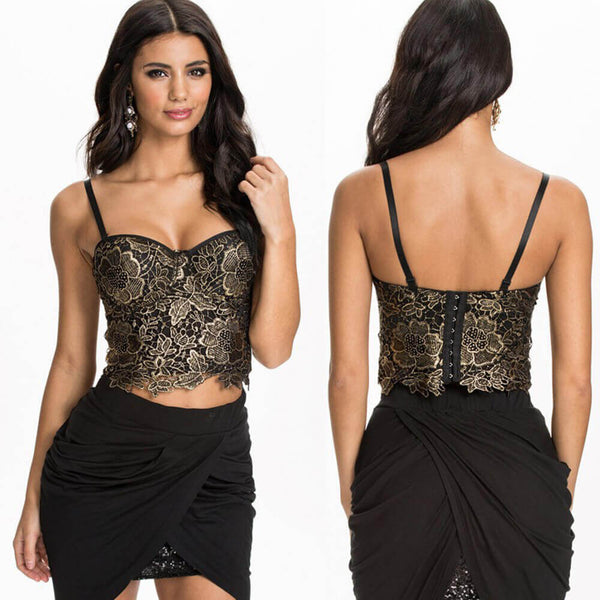 Gold Embroidery Lace Bustier Top - FANCYMAKE