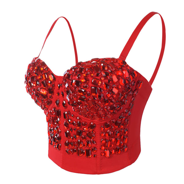Handmade Red Rinestone Pearls Design Bustier Crop Top - FANCYMAKE