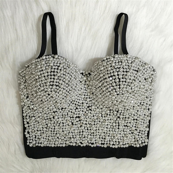 Handmade Pearls Jewel Diamond Bralet Women's Bustier Top - FANCYMAKE