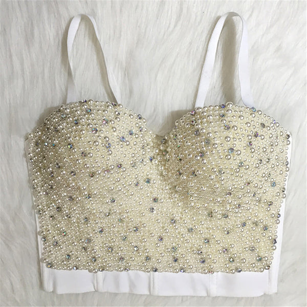 Handmade Pearls Jewel Diamond Bralet Women's Bustier Top - FANCYMAKE