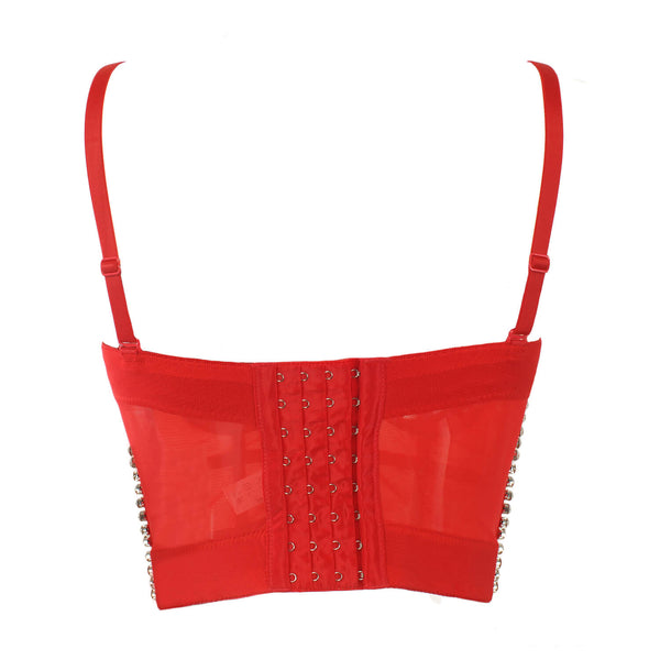 Jewel Diamond Chain Push Up Mesh Bustier Cropped Top - FANCYMAKE
