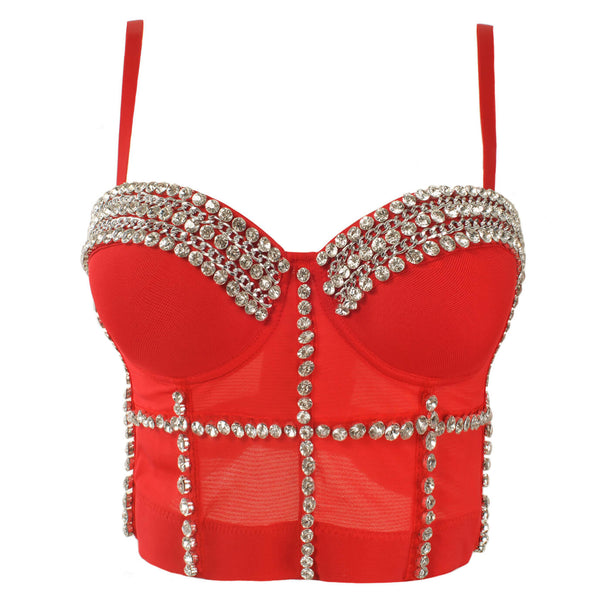 Jewel Diamond Chain Push Up Mesh Bustier Cropped Top - FANCYMAKE