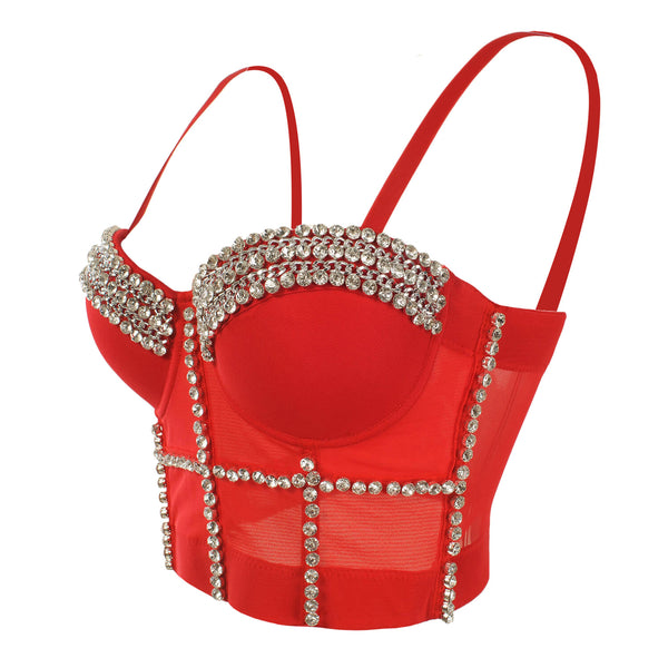 Jewel Diamond Chain Push Up Mesh Bustier Cropped Top - FANCYMAKE