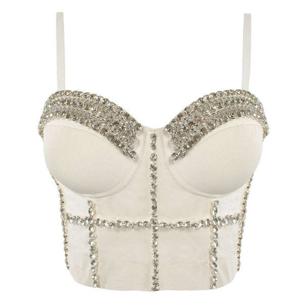 Jewel Diamond Chain Push Up Mesh Bustier Cropped Top - FANCYMAKE
