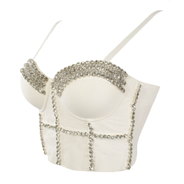 Jewel Diamond Chain Push Up Mesh Bustier Cropped Top - FANCYMAKE