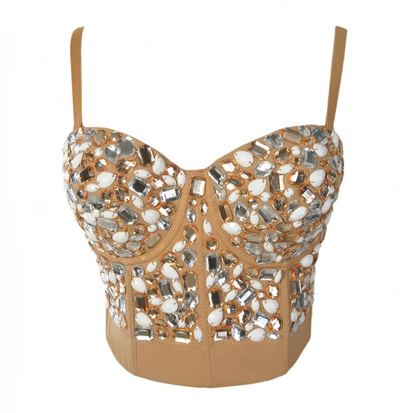 Original Design Rinestone Pearls Bustier Crop Top Khaki - FANCYMAKE