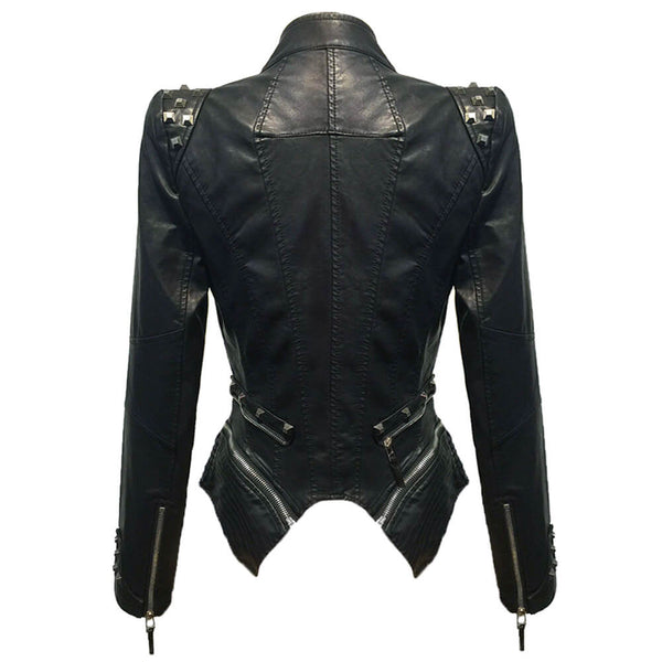 PU Leather Rivets Women's Studded Tuxedo Moto Jacket - FANCYMAKE