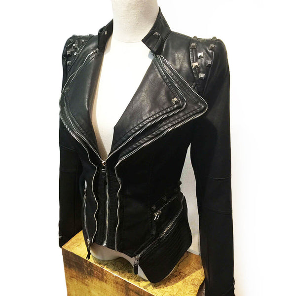 PU Leather Rivets Women's Studded Tuxedo Moto Jacket - FANCYMAKE