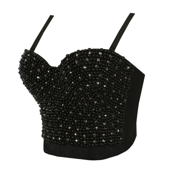 Pearls Diamond Bead Bustier Crop Top Black - FANCYMAKE