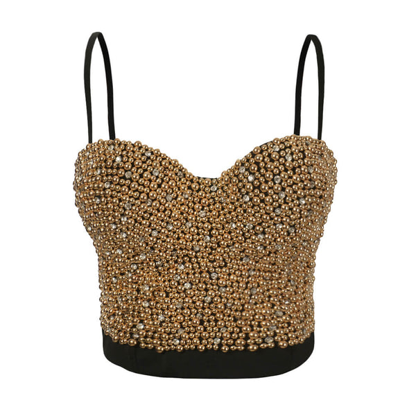 Pearls Diamond Bead Bustier Crop Top Black - FANCYMAKE
