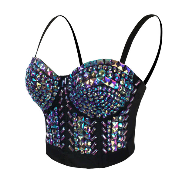 Rhinestone Pearls Diamond Push Up  Bustier Crop Top - FANCYMAKE