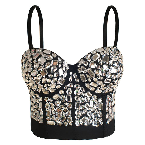 Rhinestone Pearls Night Club Party Bustier Crop Top - FANCYMAKE