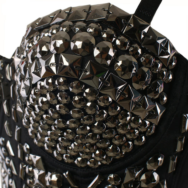 Silver Rhinestone Bustier Pearls Busiter Crop Top - FANCYMAKE