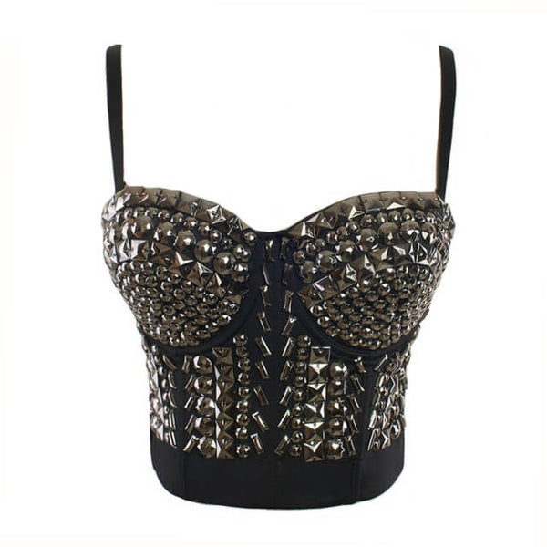 Silver Rhinestone Bustier Pearls Busiter Crop Top - FANCYMAKE