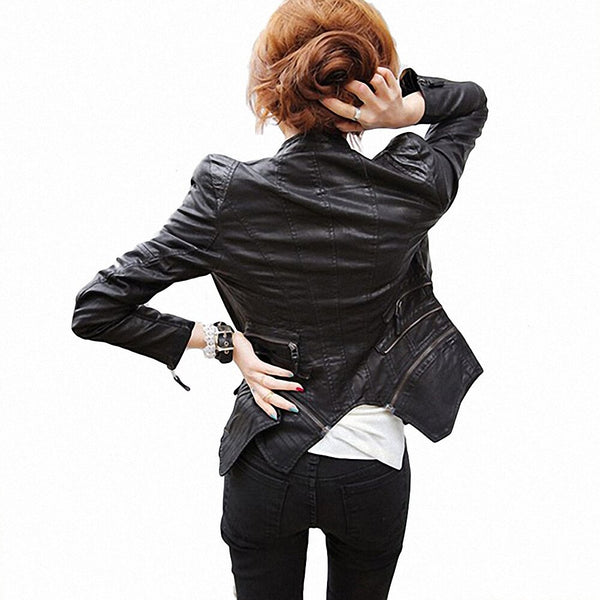 Studded Double Lapels Faux Leather Biker Jacket - FANCYMAKE