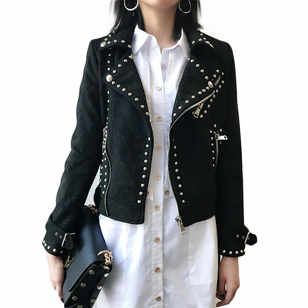 Suede Rivets Punk Motorcycle Coat Jacket - FANCYMAKE