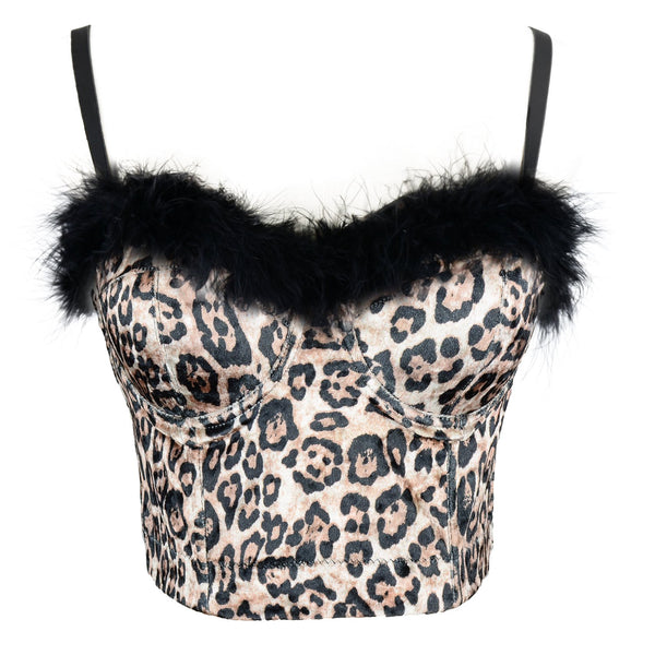 Women Sexy Feather Leopard Pattern Bustier Crop Top Women's Corset Top Bra Brown - FANCYMAKE