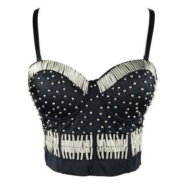 Silvery Metal Bustier Crop Top Party Club Bra - FANCYMAKE