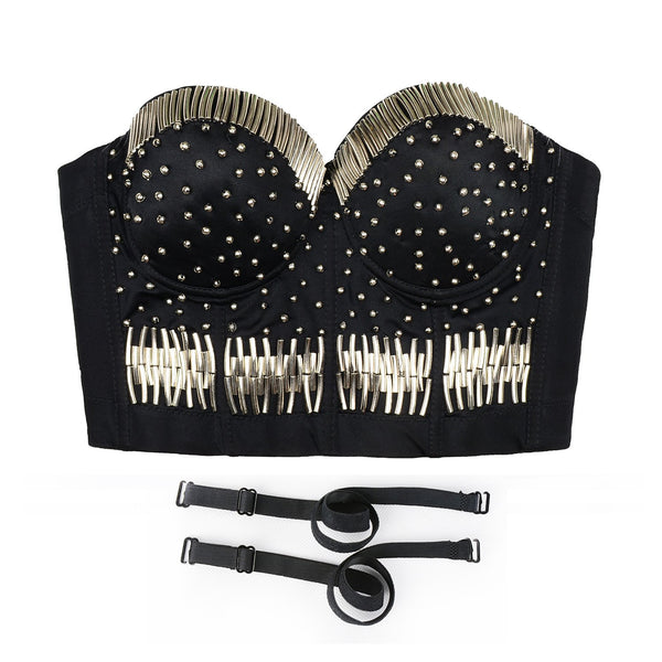 Silvery Metal Bustier Crop Top Party Club Bra - FANCYMAKE