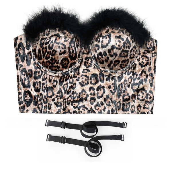 Women Sexy Feather Leopard Pattern Bustier Crop Top Women's Corset Top Bra Brown - FANCYMAKE