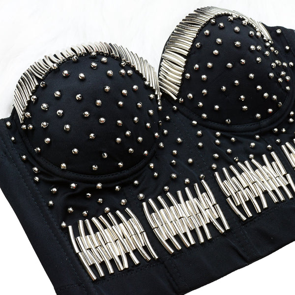 Silvery Metal Bustier Crop Top Party Club Bra - FANCYMAKE