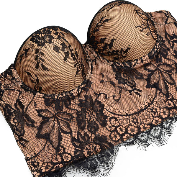 Women's Floral Lace Bustier Crop Top Gothic Corset Bra Tops Apricot - FANCYMAKE