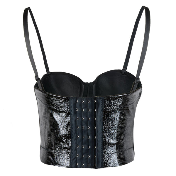 Snake Faux Leather Bustier Crop Top Women's Sexy Corset Top Bra Black Black - FANCYMAKE