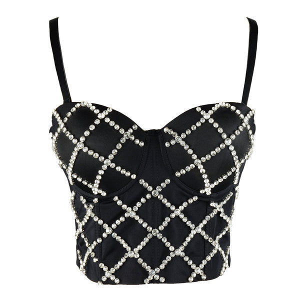 Women Criss Cross Rhinestone Smooth Bustier Crop Top Corset Bra Black - FANCYMAKE