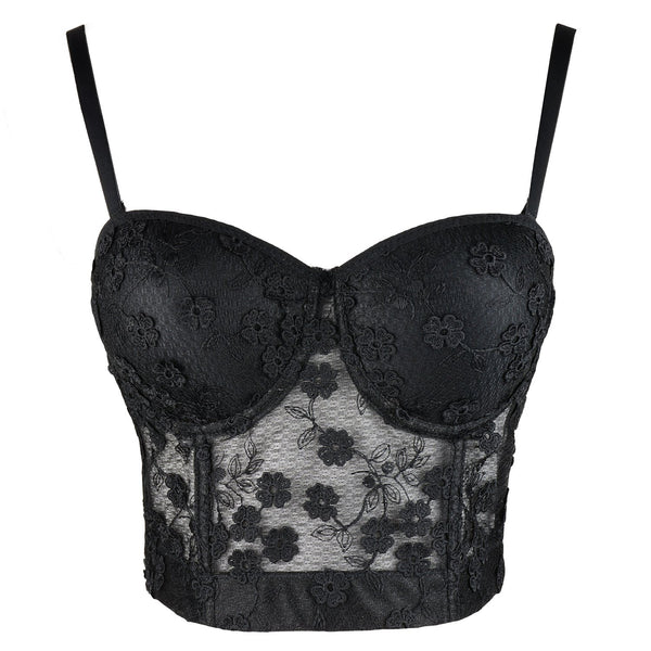 Women's Mesh Lace Flower Bustier Crop Top Sexy Corset Top Bra Black - FANCYMAKE