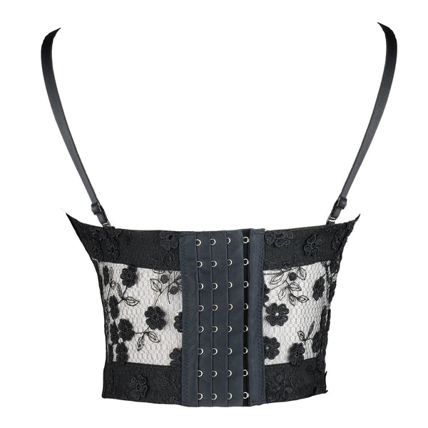 Women's Mesh Lace Flower Bustier Crop Top Sexy Corset Top Bra Black - FANCYMAKE