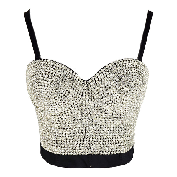 Women's Rhinestone Diamond Bustier Sexy Crop Top Club Party Corset Bra Black - FANCYMAKE
