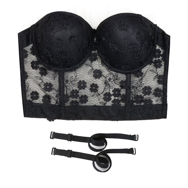 Women's Mesh Lace Flower Bustier Crop Top Sexy Corset Top Bra Black - FANCYMAKE