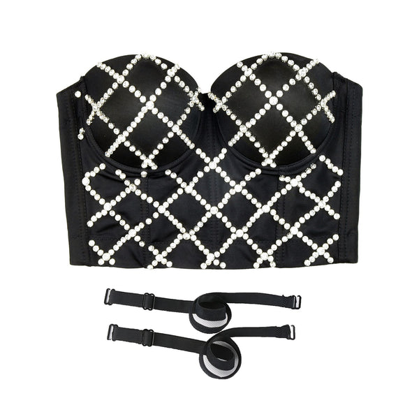 Women Criss Cross Rhinestone Smooth Bustier Crop Top Corset Bra Black - FANCYMAKE